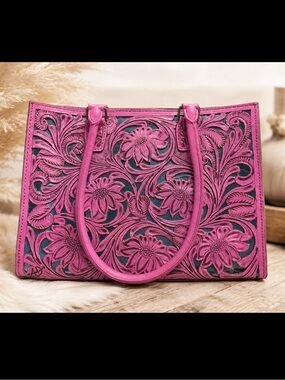 American Darling Hand-Tooled Pink Leather Tote with Metallic Turquoise Underlay
